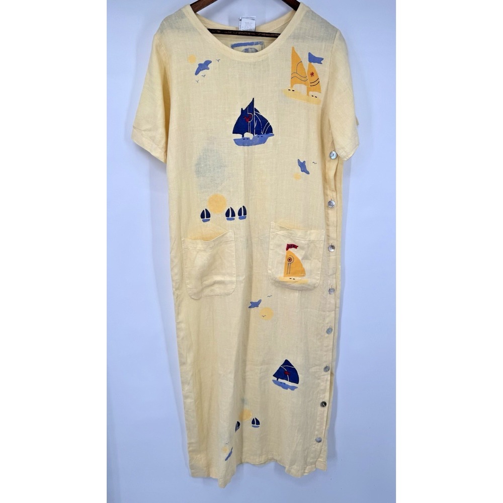 Blue-Eyed Bear 100% Linen Hand-Blocked Sailboat Maxi Dress Made in USA beach S-L